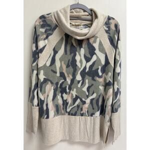 143 Story Women’s Camo Cowl Neck Sweater Size S Green Beige Long Sleeve